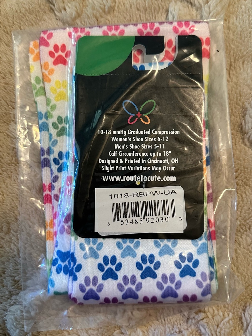 Cutieful Paw Print Graduated Compression 10-18 mmHg Socks - Rainbow Paw Pattern